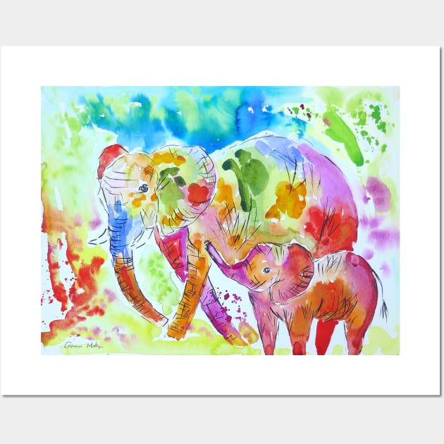 Colourful Mother and Baby Elephant Wall Art by Casimirasquirkyart